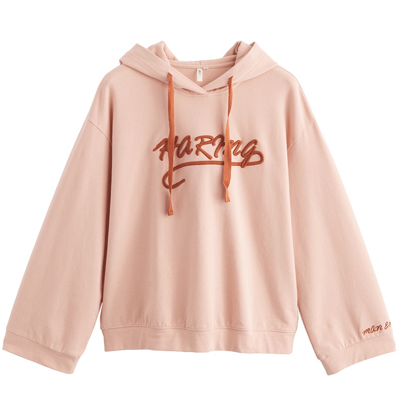 茵曼秋新款文艺宽松字母刺绣套头卫衣女连帽抽绳粉色长袖帽衫