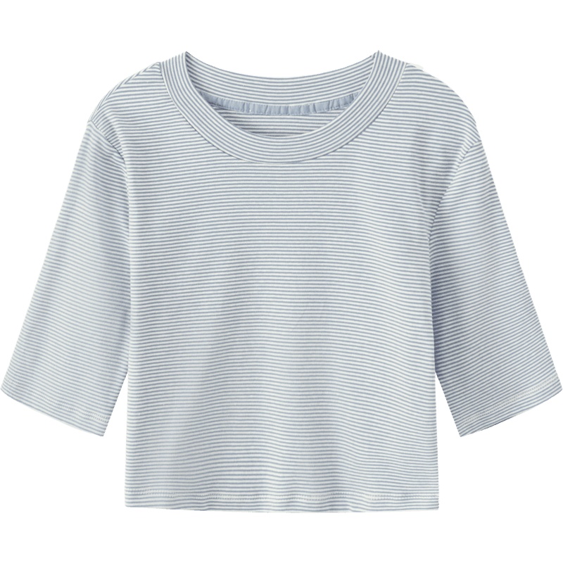 OtherMix条纹圆领T恤女2021年夏季新款韩版时尚修身百搭短款上衣