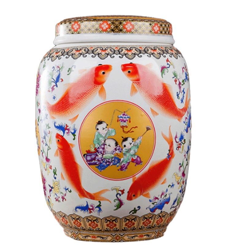 景德镇陶瓷带盖平盖米缸50斤储米桶茶饼缸酿酒缸油缸泡菜坛储物罐 年年有余