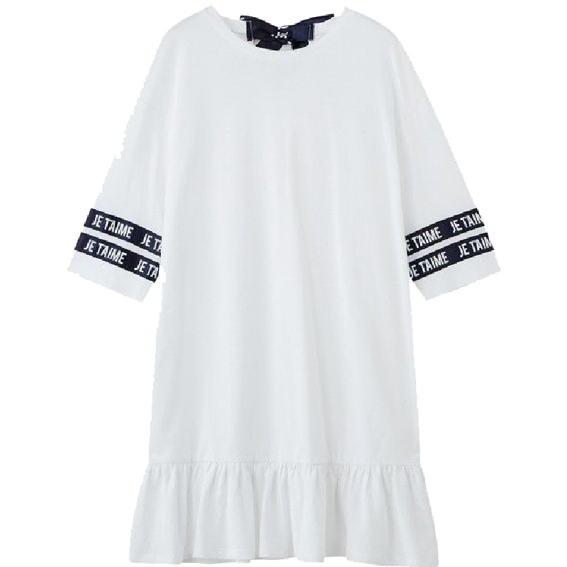 新款拉夏贝尔新款韩版五分袖时尚撞色宽松圆领简约短款连衣裙女20012596