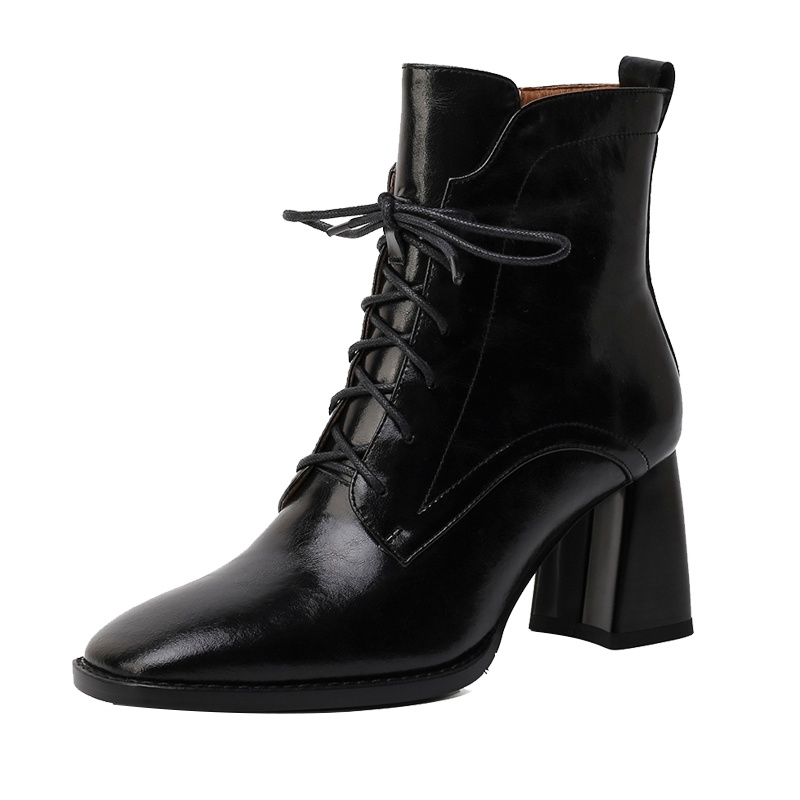 品点(Pandell)新款真皮粗跟时尚短筒马丁靴全牛皮方头中高跟短靴女秋冬女士皮鞋女鞋