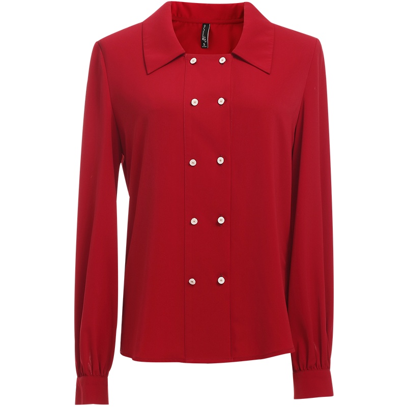 欧昵雪翻领双排扣长袖衬衫上衣女气质直筒显瘦衬衣