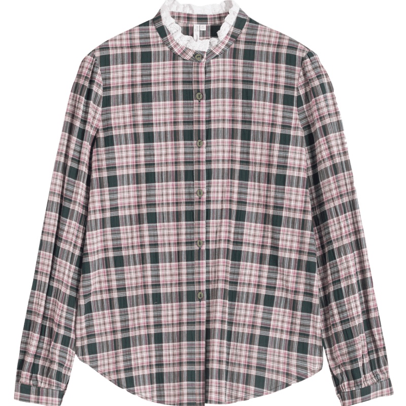 茵曼衬衣2019秋装新款花边立领休闲文艺范长袖复古显瘦格纹衬衫女