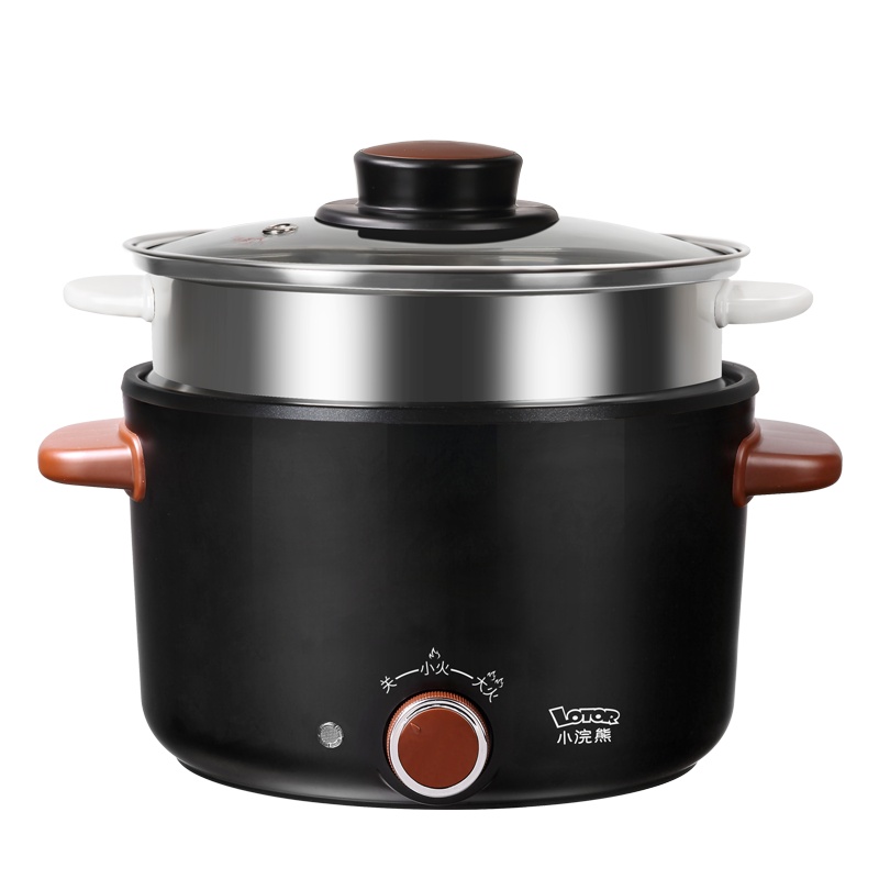 小浣熊电火锅30C黑色不粘锅蒸笼款3L大容量不粘内胆环形加热家用多功能宿舍学生电炒锅 热炒菜蒸煮一体锅电煮锅