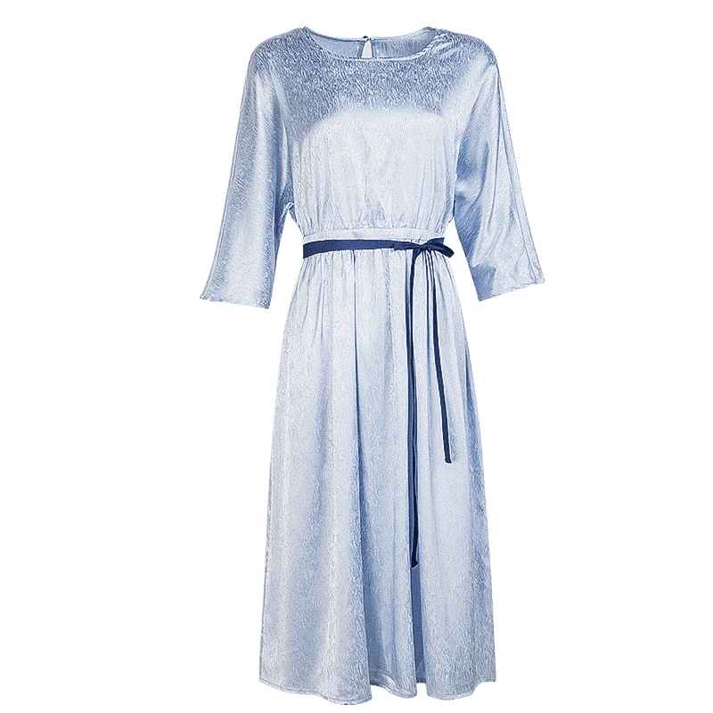 晚白2020夏季新品简约纯色圆领松紧腰修身通勤中长款A字连衣裙女