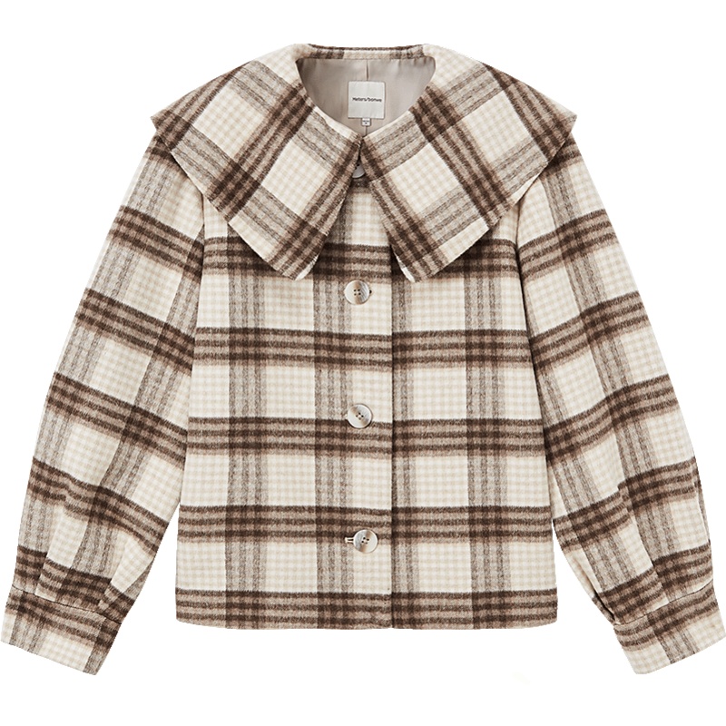 美特斯邦威短款大衣女新款秋季都市格纹宽松女士短外套