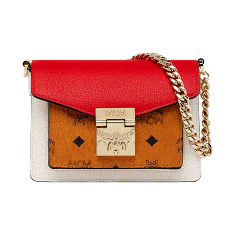 2019新款MCM经典印花拼色迷你邮差韩国正品风琴单肩斜挎搭扣头层牛皮软手提链条女包