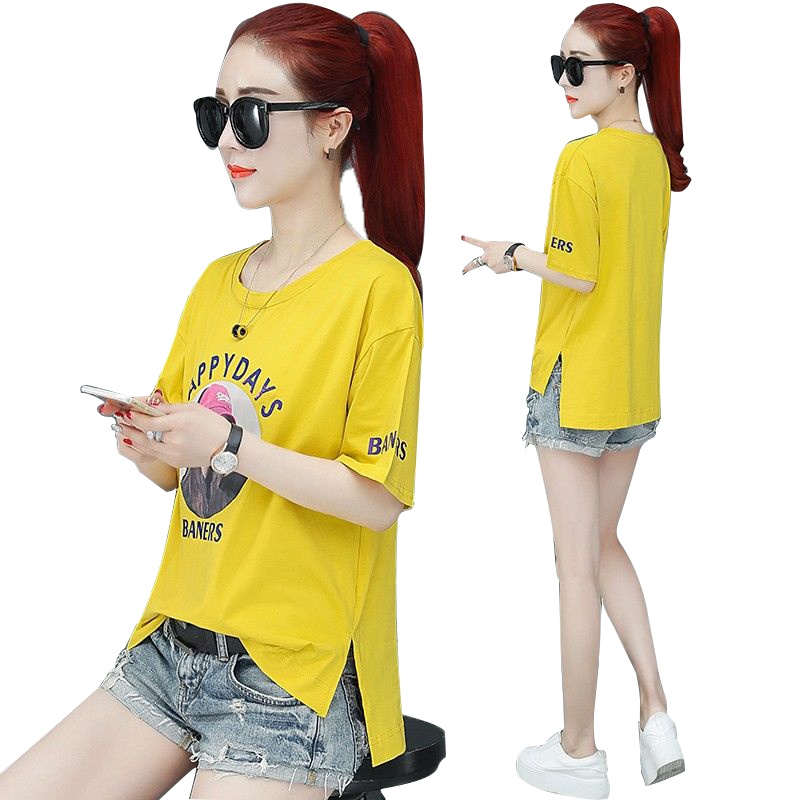 [多色新款]2019夏装印花短袖t恤女中长款上衣百搭宽松休闲圆领半袖前短后长韩版印花T恤女时尚半袖T恤宽松T恤上衣女