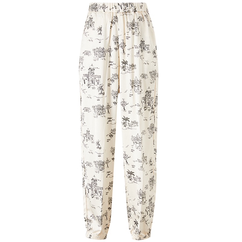 [2件2折价:76]MECITY女装夏季新款复古时髦建筑印花设计口袋松紧束脚裤女