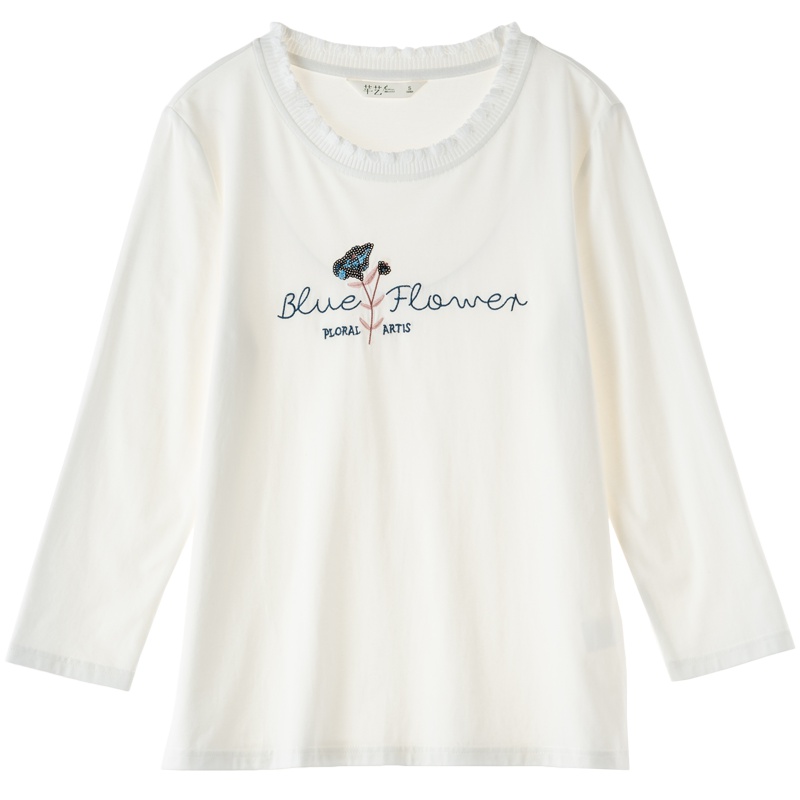 芊艺白色t恤女2019早秋新款韩版宽松时尚圆领套头体恤潮绣花七分袖上衣10325