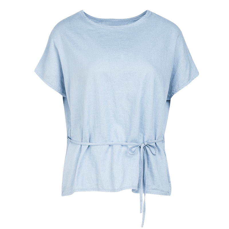 晩白 新品时尚休闲纯色百搭圆领系带套头衬衫短袖上衣