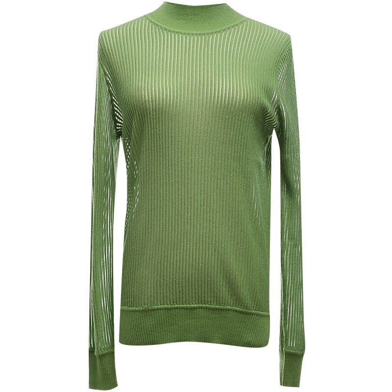 欧昵雪半高领竖条纹肌理长袖针织衫女显瘦打底毛衣