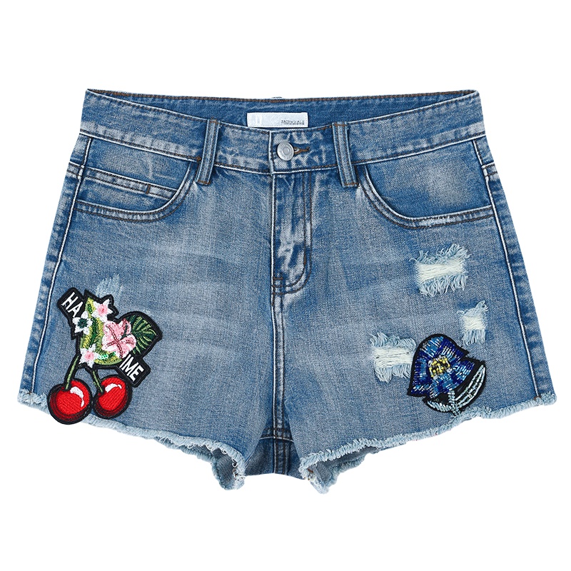 马克华菲女装2019夏新款磨毛高腰牛仔短裤女韩版贴布牛仔裤