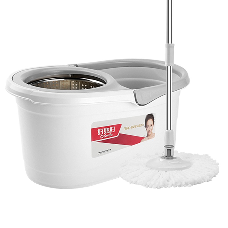 好媳妇拖把旋转杆自动甩干拖地桶一拖墩布净懒人免手洗家用桶地拖[金属网 2个棉头]AGW-7400A-1