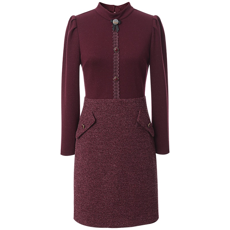 OUNIXUE欧昵雪 | [假两件拼接裙]秋冬季优雅立领可拆卸别针修身显瘦连衣裙女