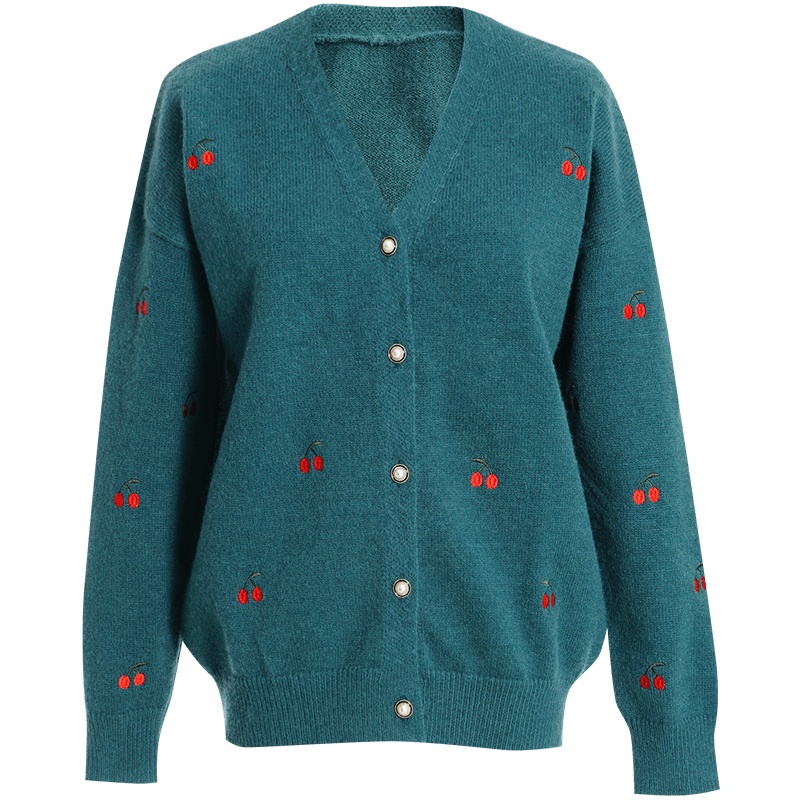 OUNIXUE欧昵雪 | [复古混纺针织开衫]秋冬季减龄气质V领樱桃绣花毛衣外套女