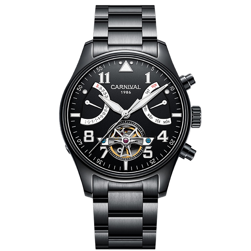 瑞士嘉年华Carnival手表黑色男士全自动机械表 男表镂空休闲时尚潮流夜光防水男金属精钢腕表个性男士手表8783G