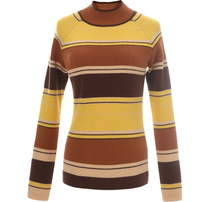 欧昵雪冬装半高领撞色条纹修身针织衫女长袖保暖打底毛衣