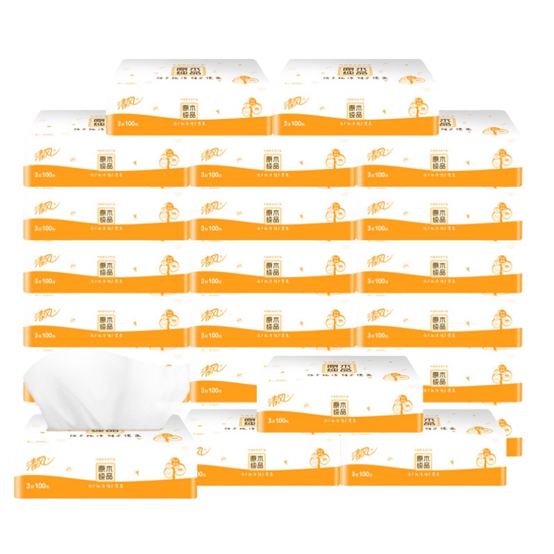清风原木纯品抽取式卫生纸巾二层200抽*3包/5提装
