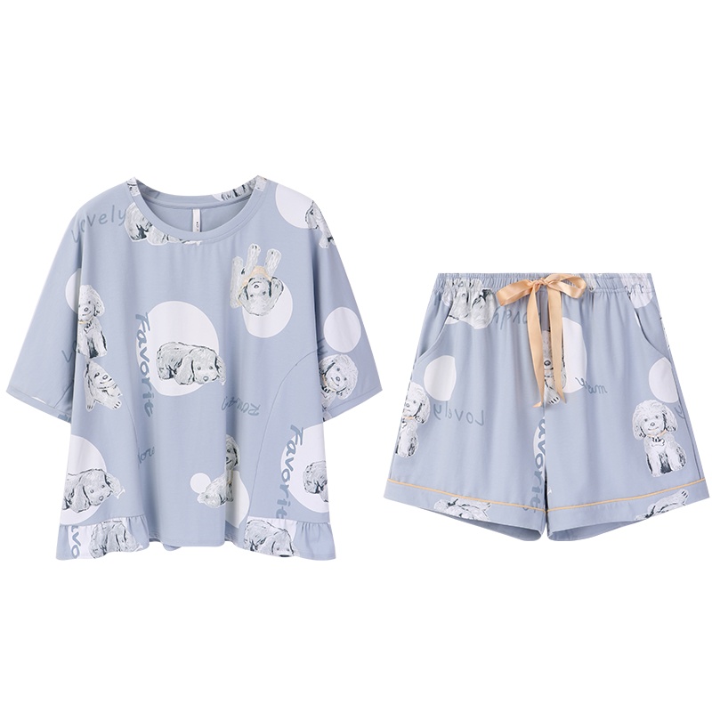 纯棉弹力针织印狗五分袖女套装