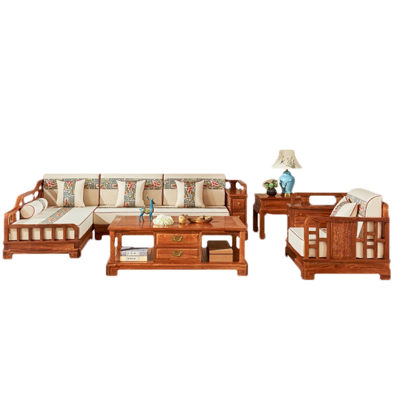 周家庄红木家具非洲花梨(学名:刺猬紫檀)沙发实木沙发客厅组合新中式沙发软体布艺沙发贵妃沙发 右贵妃沙发 五件套(生漆)