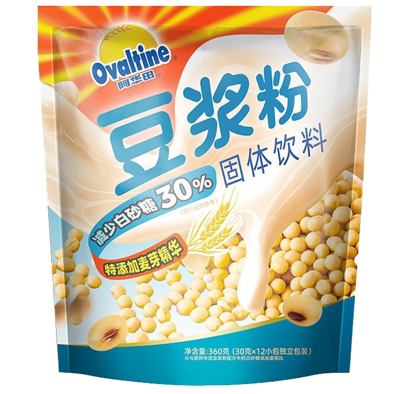 阿华田(Ovaltine)原味少糖30%豆浆粉 营养早餐豆浆粉非转基因大豆随身包360g(30g*12包)