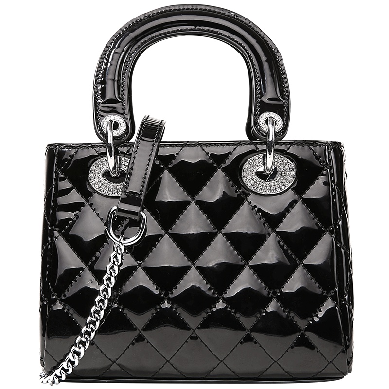 2019潮款漆皮菱格质感网红小黑包经典百搭戴妃包包女