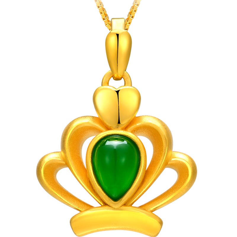 中银金行足金吊坠黄金和田玉吊坠皇冠金镶玉吊坠配银项链