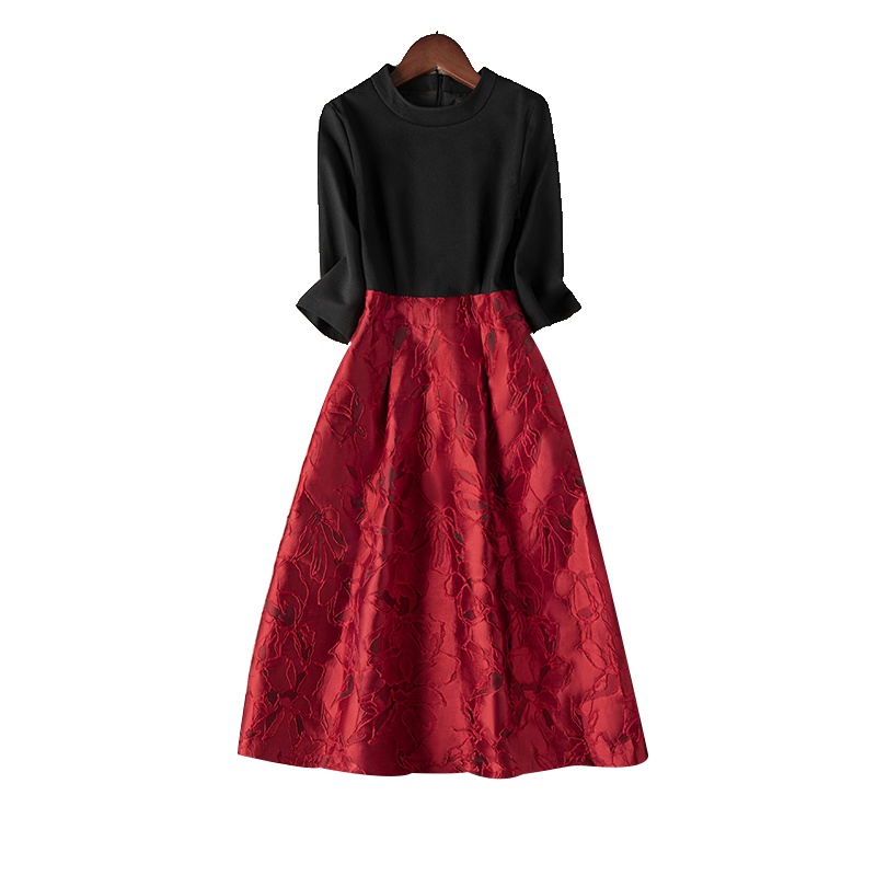 丝柏舍2019秋装女时尚提花拼接修身显瘦中长连衣裙S93B4541L