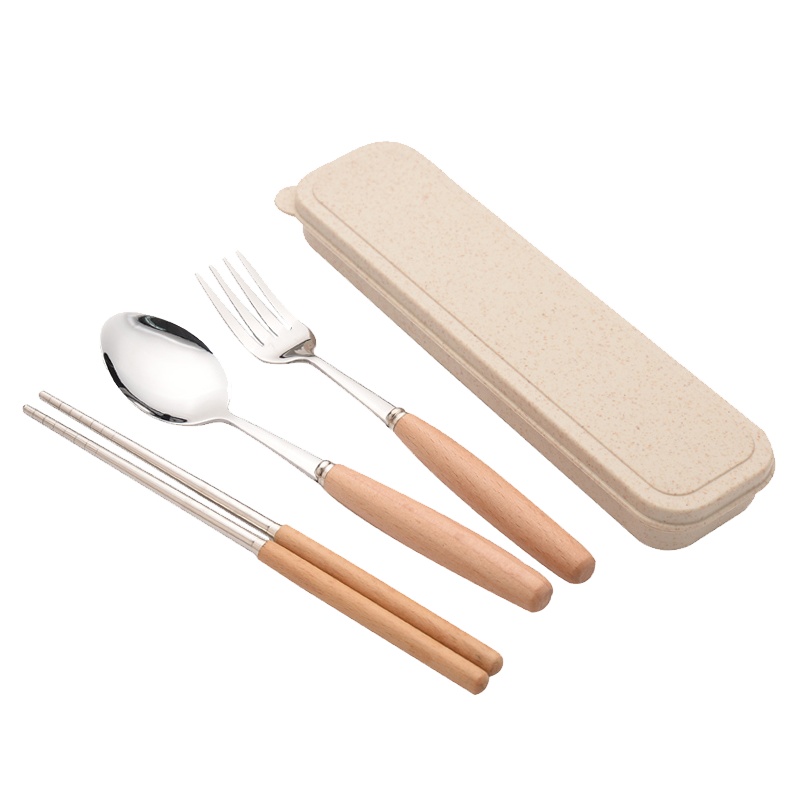 苏宁极物 榉木柄餐具三件套 DX1318 不锈钢便携餐具盒套装(套)