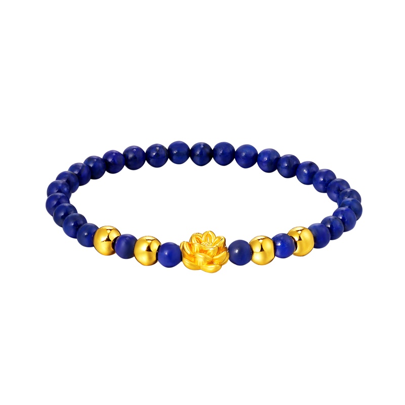 黄金码头 3D硬金999足金莲花、金珠青金石手串黄金转运珠手链