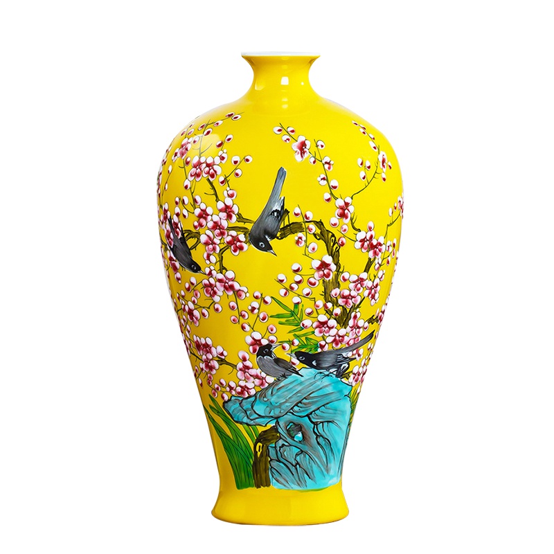 彩帮景德镇手绘陶瓷器花瓶插花中式家居客厅玄关电视柜装饰摆件礼物 黄色梅瓶