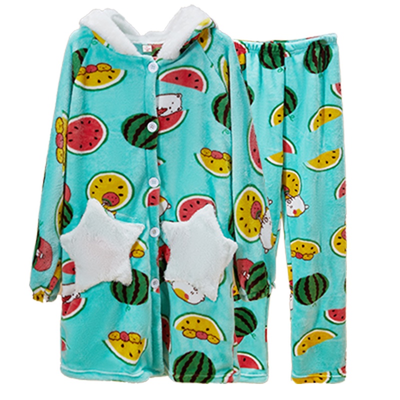 enk法兰绒加厚可爱睡衣女士家居服套装