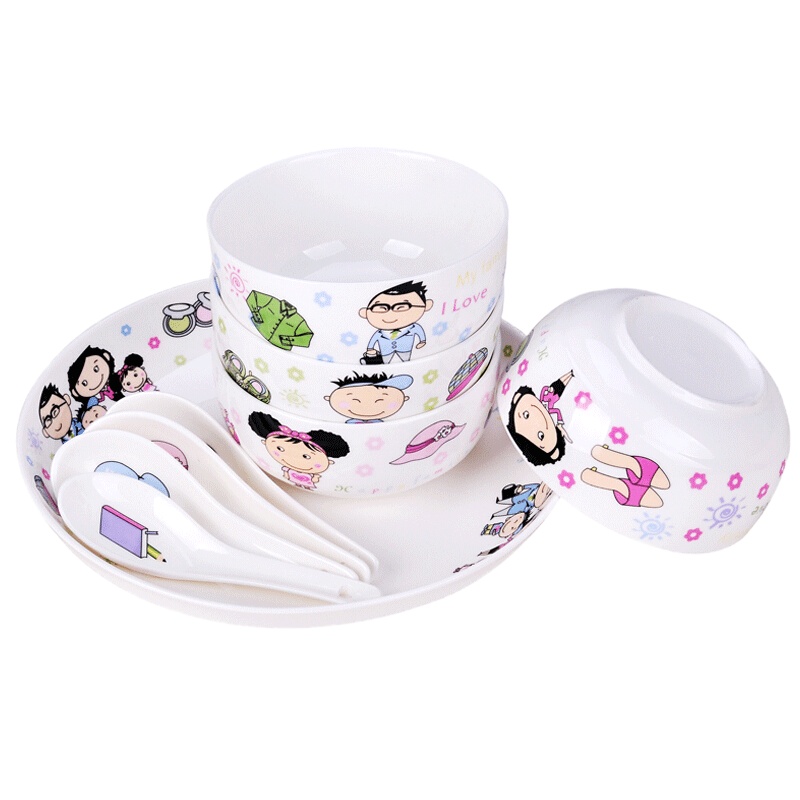 贝瑟斯 陶瓷一家人碗碟盘9件套卡通家用厨房餐具盘子餐具套装