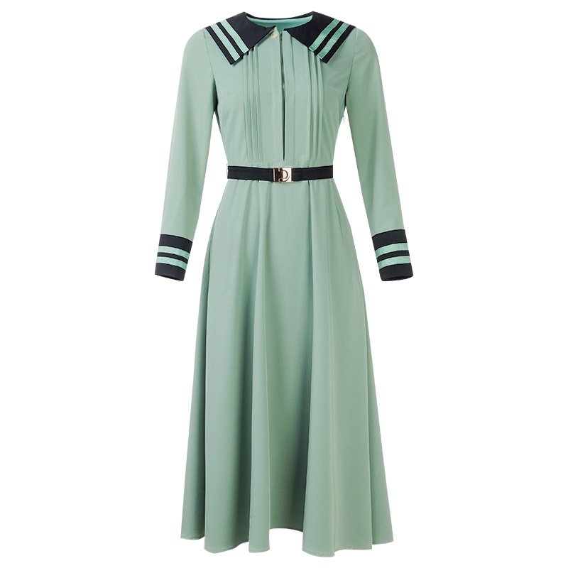 晚白2021春季新品时尚减龄学院风娃娃领长袖修身A字衬衫裙连衣裙女