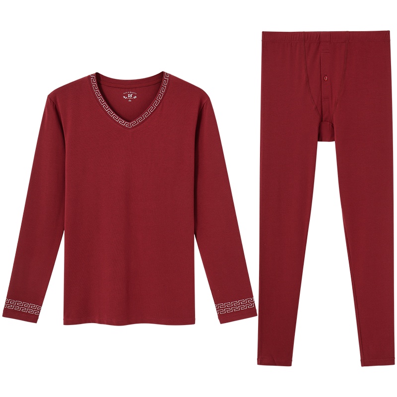 爱帝 男士秋衣秋裤内衣套装棉混莫混纺V领薄款印花基础打底