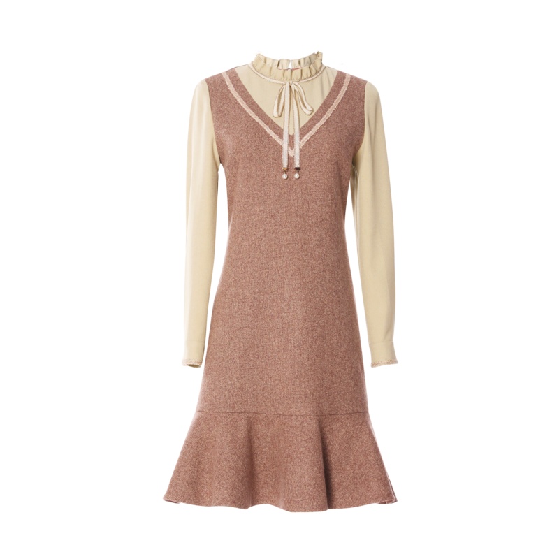 欧昵雪秋冬季立领系带蝴蝶结毛呢鱼尾连衣裙女长袖