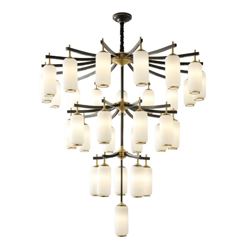 新中式全铜吊灯轻奢大气客厅灯简约别墅复式楼梯餐厅灯罩朝下灯具