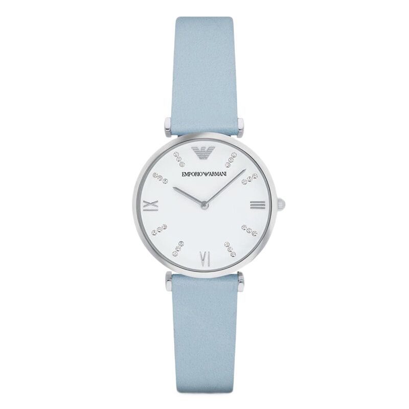 阿玛尼（ARMANI）手表女士镶钻女士手表珍珠贝母简约女表 蓝皮带镶钻女表AR1928