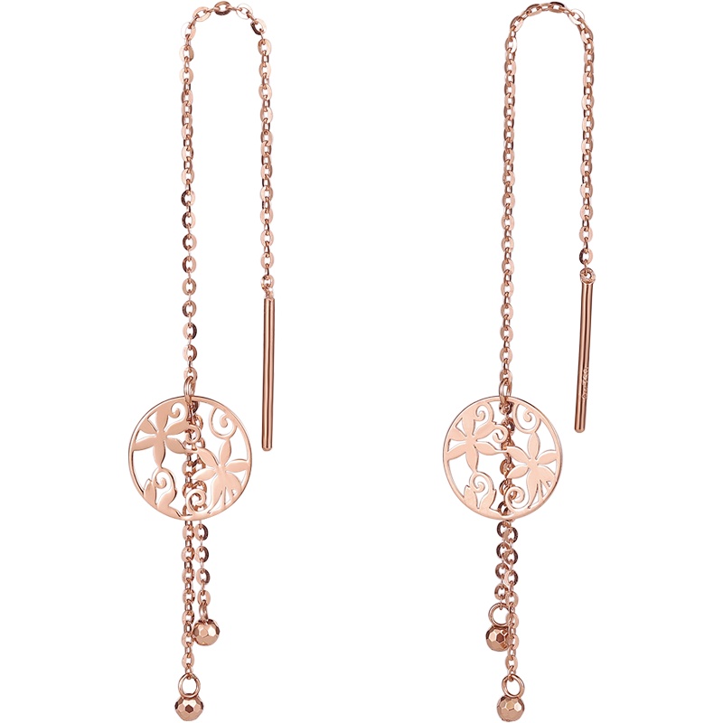 周大生18K金耳线女长款玫瑰金耳钉古风镂空花大圆牌耳饰情人节礼