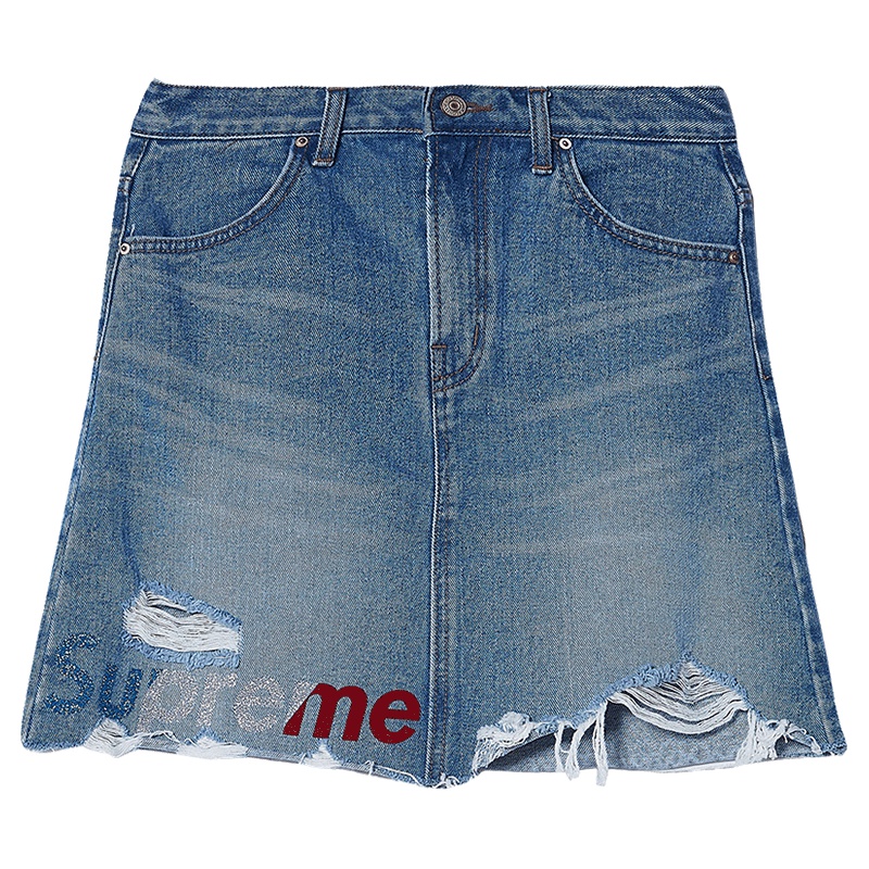 马克华菲女装2019春季字母印花磨白水洗牛仔半身裙