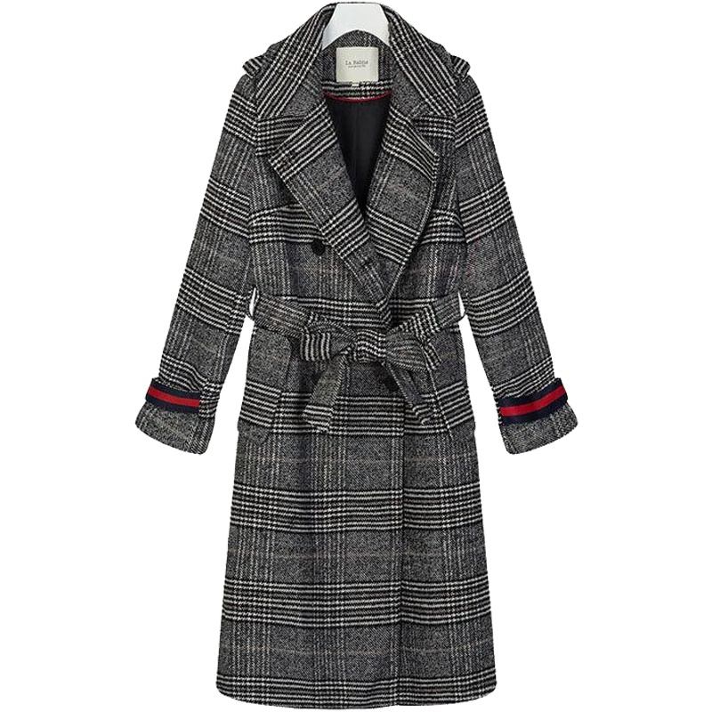 拉贝缇冬季百搭韩版加厚过膝千鸟格子直筒中长款外套大衣60300169