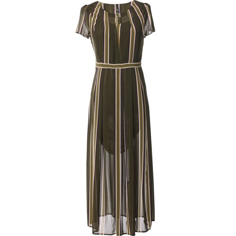 欧昵雪夏季泡泡袖圆领中长款高腰条纹雪纺连衣裙女短袖