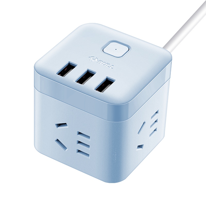公牛(bull)GN-U303UB全长1.5米晴空蓝色三孔位魔方智能USB充电插座插线板插排排插接线板拖线板蓝色