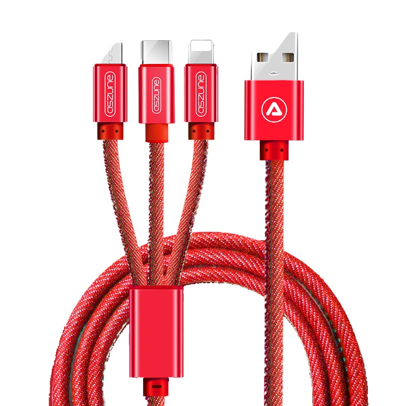 艾苏恩 三合一快充通用充电器编织不易断一拖三多功能牛仔红