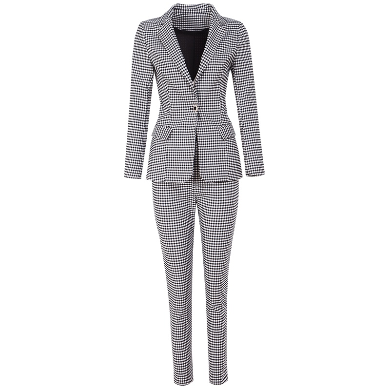 晚白2019新品英伦范格子套装西装外套高腰休闲裤西裤两件套女