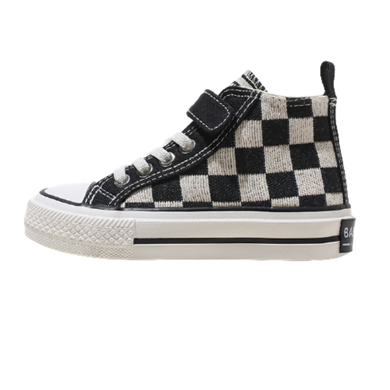 芭芭鸭儿童帆布鞋女童高帮方格子布鞋新款男童休闲鞋板鞋