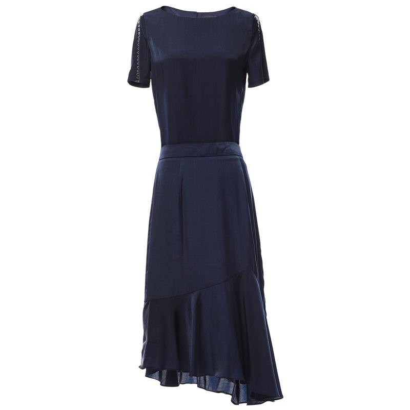 欧昵雪夏季圆领短袖上衣高腰不规则鱼尾半身裙时尚套装女