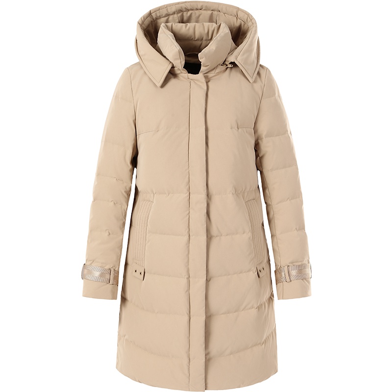 艾莱依O2O2018秋冬立领加厚连帽羽绒服女中长款