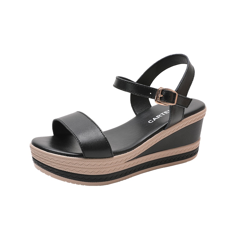 卡帝乐鳄鱼(CARTELO)19女鞋简约夏季露趾坡跟增高时尚日常淑女凉鞋中空女鞋